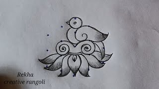 simple bird rangoli (5*3) | small pulli kolam | easy Lotus with bird rangoli@rekhacreativerangoli