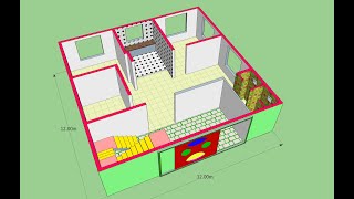 پلان دو بعدی و سه بعدی  سه خوابه 12x12 متر  3Bedrooms 3D&2D  House Design Plan 12x12 m