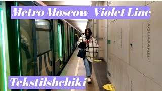 Tekstilshchiki, Moscow Metro, Violet Line - interior view, arrival and departure of the train Fr.6