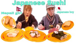 Trying Sushi for the first time/Good or Bad ??Japan's sushi//(INTERNATIONAL COUPLE)🇳🇵🇯🇵VLOG20