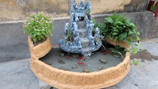 Creative Ideas With Cement - Build Fountain Aquarium Combined Miniature Landscape For Your Garden