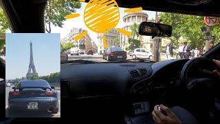 Central Paris driving on hot summer day.  POV in car Mazda RX-7 FD