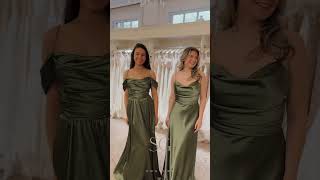 Olive Green Satin Bridesmaids Dresses | Nell and Pippa by Sisterhood Bridesmaids