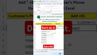 Add +91 Before Customer's Phone Number in Ms Excel | #shorts #excelwithbapisardar #trending #ytshots