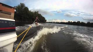 my buddy skurfing behind my 1986 Bayliner capri with a 50hp force outboard