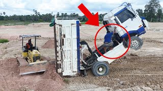 Incredible!DumpTruck Fly Back Unloading Stuck Helping Recovery By Two Small Dozer Komatsu Extremely