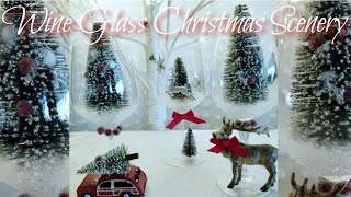 WINE GLASS CHRISTMAS SCENERY | FIREPLACE SCENERY | SCENERY MADE WITH ORNAMENTS AND ORNAMENT HOOKS