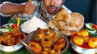 massive food fish karai masala mutton handi curry egg matka masala soft puri rice eating show