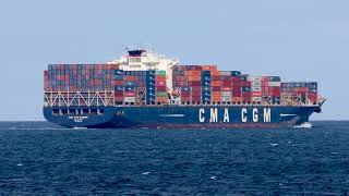 The container ship CMA CGM Samson outbound through Port Phillip Heads.