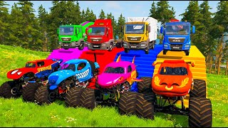 4 MONSTER TRUCKS vs Big & Small: McQueen with Spinner Wheels - Long Slide Game vs Thomas Train