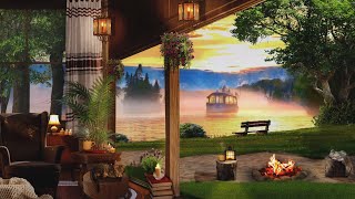 Cozy Cabin Porch Ambience and Relaxing Campfire | Burning Fireplace & Nature Sounds