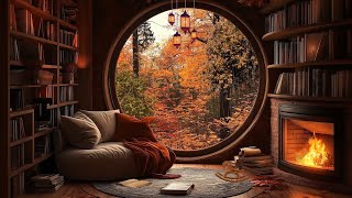 Relax in a quiet space with relaxing piano melodies and gentle rain sounds in a cozy reading corner