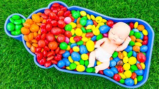 Satisfying Video l Rainbow Glossy Candy Mixing in Bathtub Milk Bottle with Skittles Mesh Balls ASMR