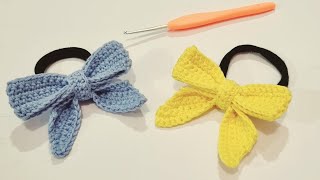 Super very easy crochet bow hair tie _ crochet tutorial for beginners