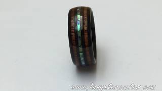 Hawaiian Koa Wood and Black+Abalone Shell Imitated Opal Inlay Tungsten Carbide Rings Wedding Bands