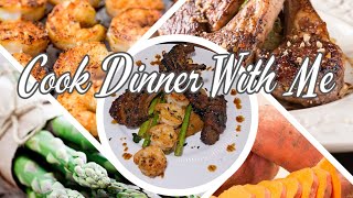 Cook this 5 🌟 Dinner With Me: Mashed Sweet Potatoes, Asparagus, Shrimp kebabs, Lollipop Lambchops