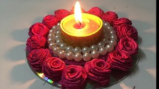 Diya decoration using satin roses| how to make satin ribbon roses|Diwali decoration ideas