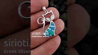 Blue Opal Crystal Silver Cat Pendant From Greece #greek #cat #silver #pendant #jewelry