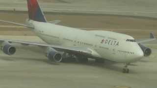 Delta airlines Boeing 744 taxing to the gate at Ben Gurion airport terminal 3