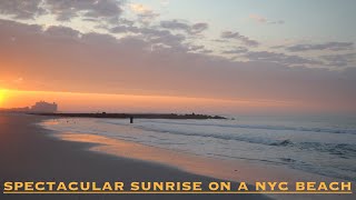 Sunrise on New York City beach. Binaural "3D audio", birds, waves, 4k, relax, meditate