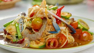 Authentic Seafood Papaya Salad Recipe | How to Cook Thai Green Papaya Salad - Most Popular Thai Food