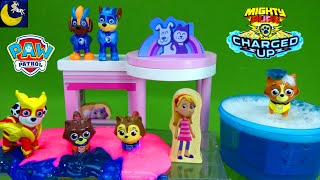 Slime Bath Time with Paw Patrol Mighty Pups Charged Up Toys Kittens Katie Stories for Kids Videos