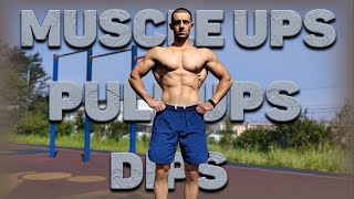 Выход на две руки + Отжимания от перекладины + Подтягивания (Muscle ups + Dips + Pull ups) на время.