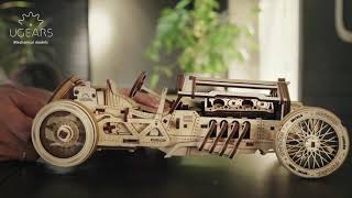 Ugears U-9 Grand Prix Car Wooden Gear Hand-Crank Powered Vehicle with Working Piston, Wheel, Shock