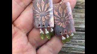 Etched copper earrings with green Peridot gemstone leaf dangles