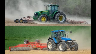 Préparation de terre en conditions poussièreuses ! John Deere 7730/ New Holland TM 165/ Agrividéo 77