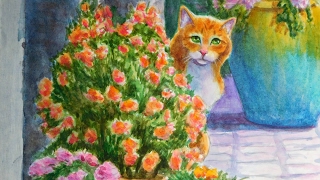 Watercolor Paint Along Speed Painting of Tabby Cat and Flowers