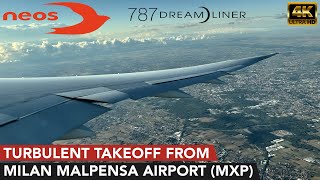 [4K] Neos | Boeing 787-9 | Full TURBULENT TAKEOFF from Milan Malpensa Airport *Wing View*