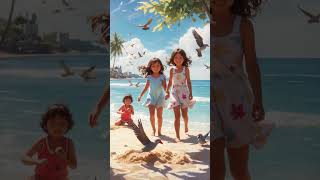 3D Pictures of children playing in the sea sand using artificial intelligence .