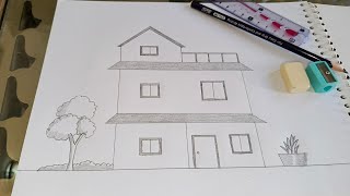 "Beautiful Lead Pencil Drawing: Double-Storey House with Tree and Potted Plant"