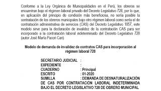 MODELO DE DEMANDA DE DESNATURALIZACIÓN CAS A CONTRATACIÓN INDETERMINADA 728 PARA OBRERO MUNICIPAL