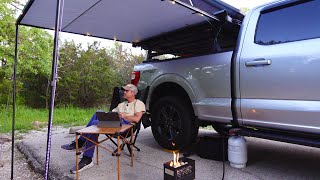 Solo truck rooftop tent camping. Air fried chicken wings and night vision cameras!