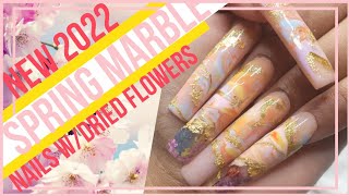 NEW 2022 SPRING GEL POLISH MARBLE FLOWER NAILS W/GOLD FOILS