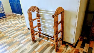 4-Tier DIY Shoe Rack Wood and Metal Rods Freestanding Storage for Bedroom, Closet, and Entryway.