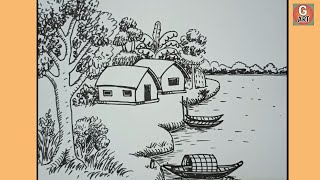 How to draw beautiful River side village scenery | Step by step drawing with sign pen