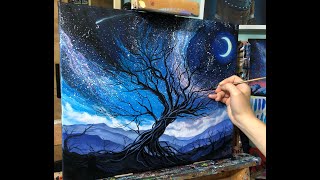 Mystical Tree & Whimsical Roots 🥰 Night Landscape  🎨 Acrylic Painting Time lapse video