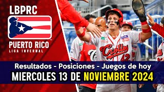 JUEGOS DE HOY, RESULTADOS DE AYER, POSICIONES LBPRC 13/11/2024