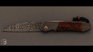 Couteau "  Balrog L " liner-lock par Florian Keller - Loupe bois de fer/Zirconium et damas mosaïque