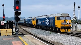 Double-heading Class 50s in ex-works Large Logo Blue arriving at Huddersfield