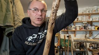 Hiking stick Woodspirit carving,Stick harvesting finished. Blackthorn, stick straightening.Hoodies?