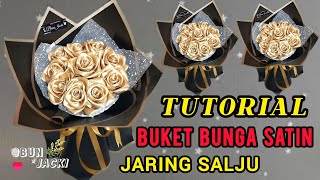 DIY || Tutorial Cara Membuat Buket Bunga Mawar Pita Satin || Pakai Jaring Salju