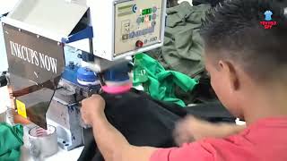 Labels Printing on Tagless T-shirt in Garments Factory ➤ High Pressure Printing machine