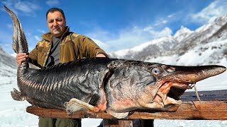 Baking a Sturgeon in a Barrel Inside a Huge Bonfire!