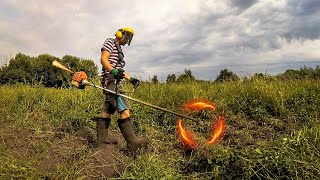 TIMELAPSE - Уборка ботвы картофеля. Работа с бензиновым триммером