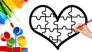 Heart Puzzle Drawing, Colouring and Painting for kids, Toddlers | How to Draw Puzzle Drawing