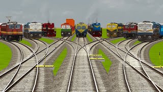 9 INDIAN TRAINS CROSSING ON BUMPY FORKED RAILROAD TRACKS | Train Simulator | Railroad Crossing